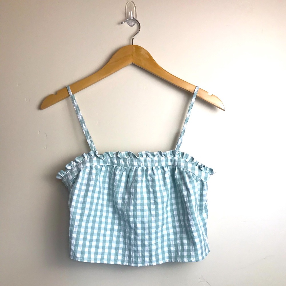 Women’s Crop Square- Neck Tank in White and Green Plaid.